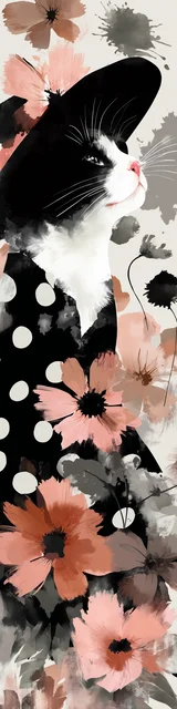 Cat bookmarks featuring a pink flower with polka dot dress cat and black hat